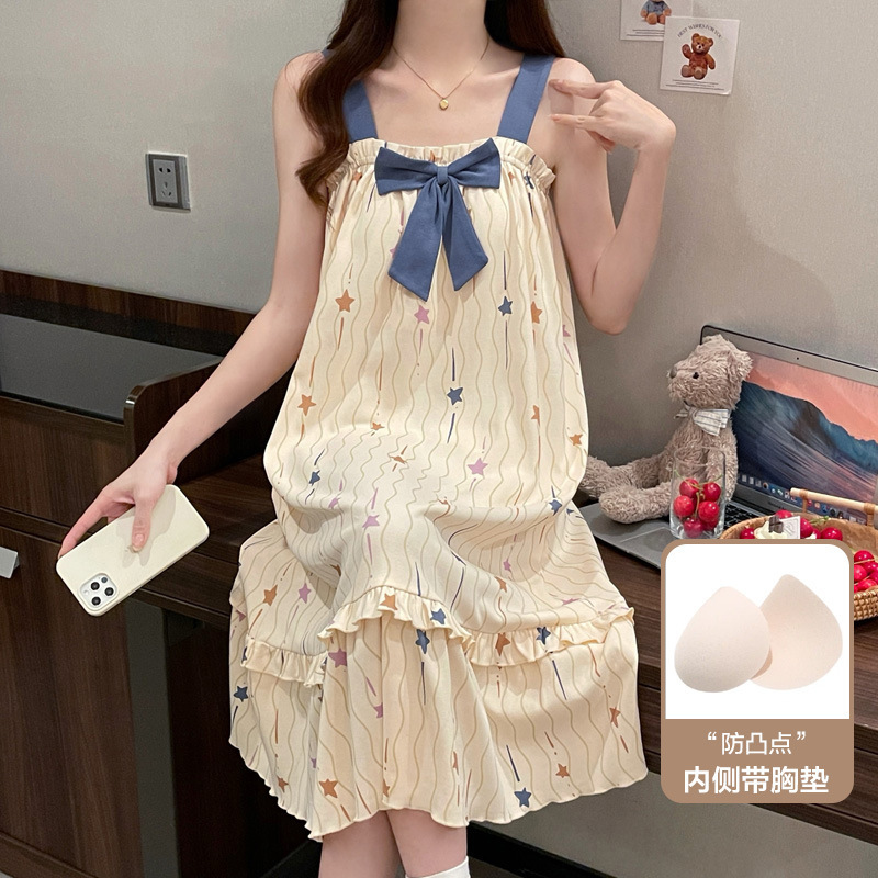 女性用夏パジャマ、胸パッド付きサスペンダースカート、ノースリーブ、ブラジャーなし、ホーム服、学生女の子、甘くてかわいい、薄い|undefined