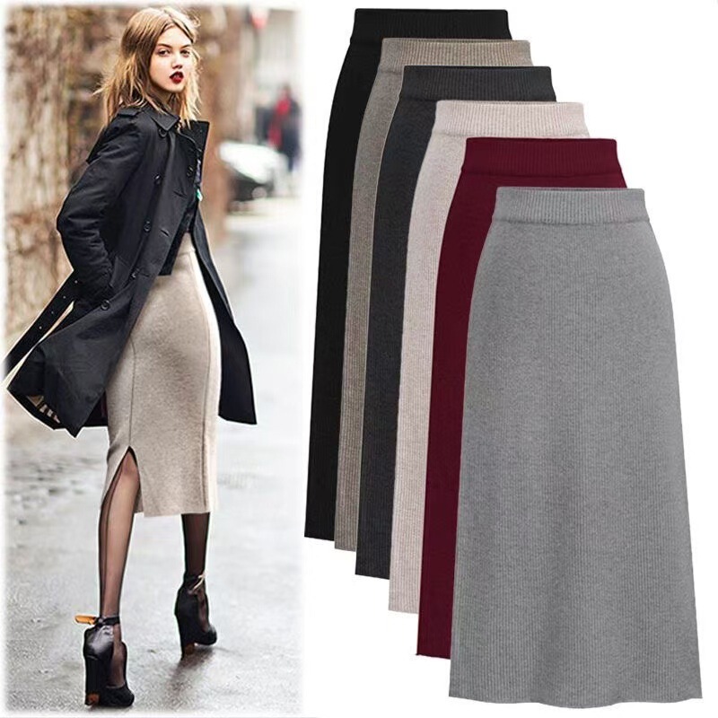 European Station Cross-border Women's Autumn and Winter Fleece Knitted Skirt Vented Mid-length Skirt Elastic Tight Hip Skirt Spring European Station Cross-border Women's Autumn and Winter Fleece Knitted Skirt Vented Mid-length Skirt Elastic Tight Hip Skirt Spring