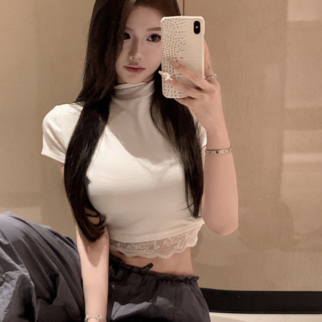 White Lace Patchwork High-Neck Short-Sleeve T-Shirt for Women, Summer Pure Desire Style, Slim Fit Short Inner Top