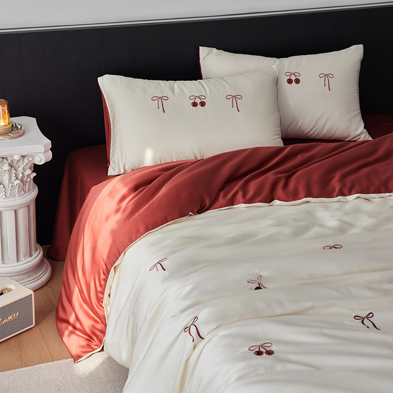 Advanced 80 Lanjing Tencel Four-piece Embroidered Red Cherry Double-sided Cool Ice Silk Summer Bedding Advanced 80 Lanjing Tencel Four-piece Embroidered Red Cherry Double-sided Cool Ice Silk Summer Bedding