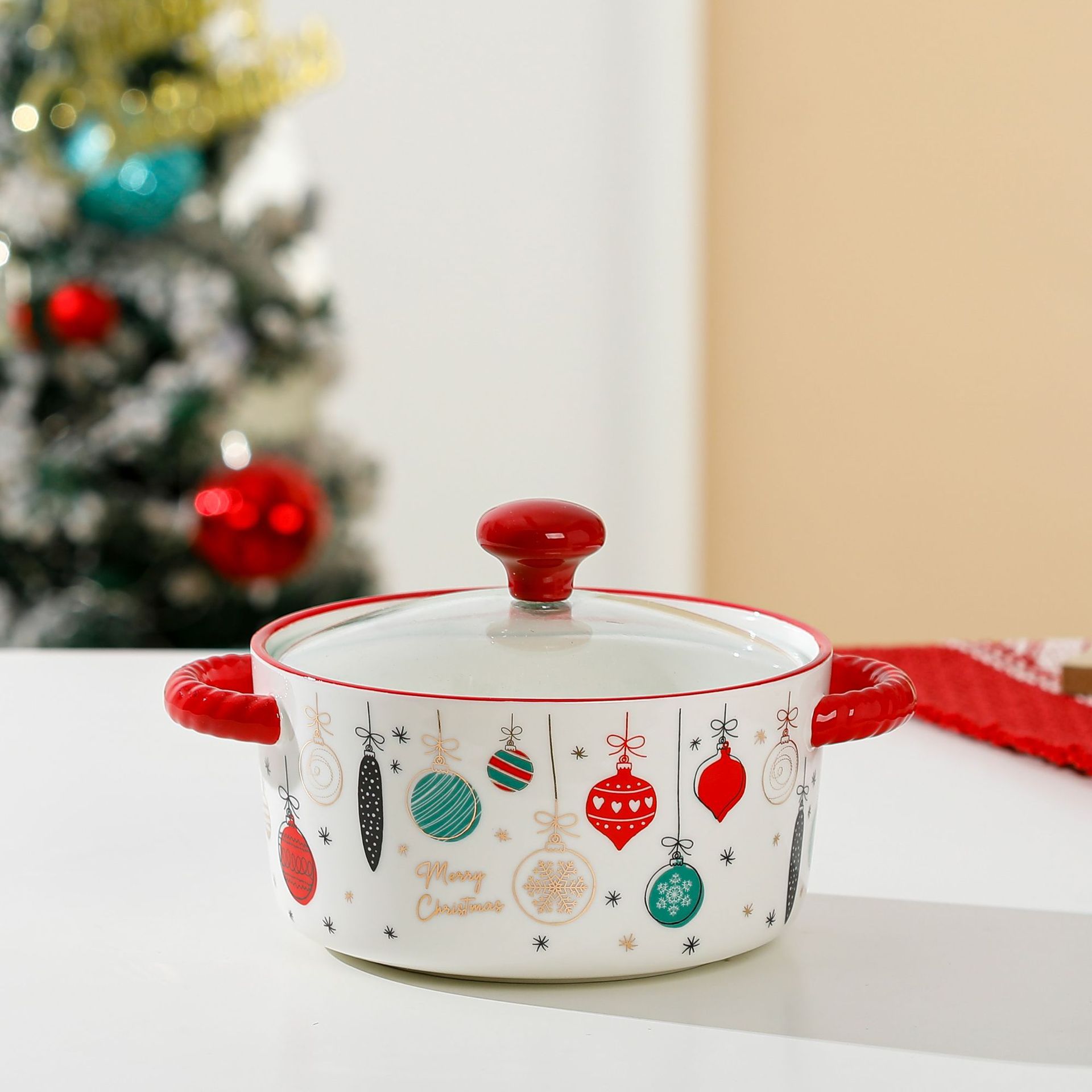 Cuenco de fideos instantáneos de cerámica con tapa de Navidad
