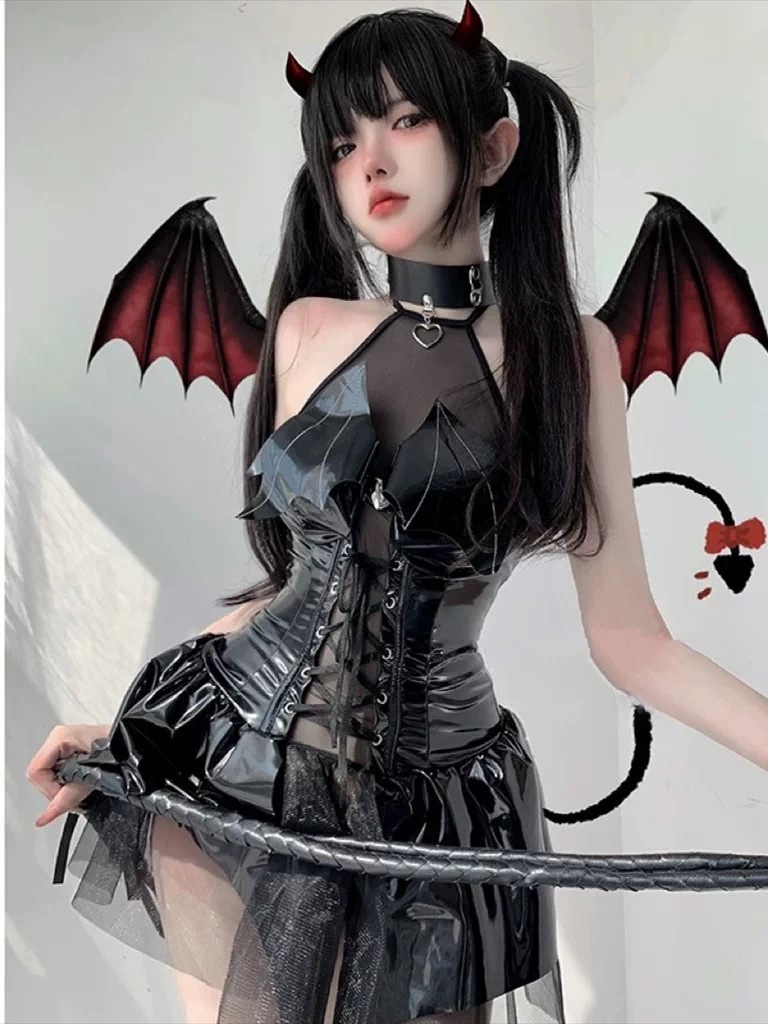 Aifuqu Patent Leather Little Devil Lingerie Set with Neck Ring, Dress and T-Pants — detail image 11