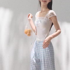 Oakmo Basic* コットンレースステッチリボンデザイン涼しくて肌に優しいシンプル半袖Tシャツトップス