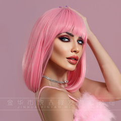 Pink Wig Short Hair 14inch European and American New Style Human Hair Wig with Bangs Wholesale