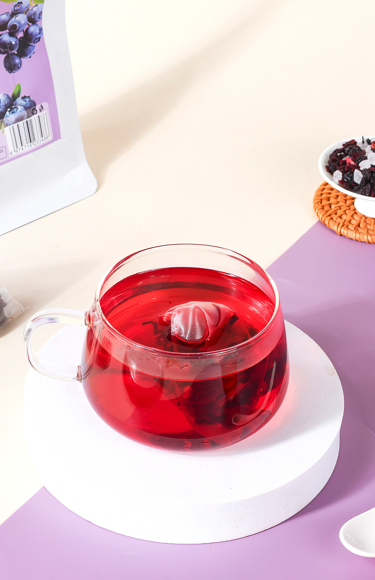 Blueberry Sour Plum Drink Herbal Tea Pack (Suan Mei Tang) — Cold-Brew Fruit & Flower Blend, 15 Sachets in use