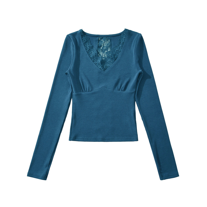 Hot Girl Sexy V-Neck Black Lace Top for Women, Spring and Autumn Style, Mature and Alluring, Slim Fit, Long-Sleeve Inner Layer Base Shirt