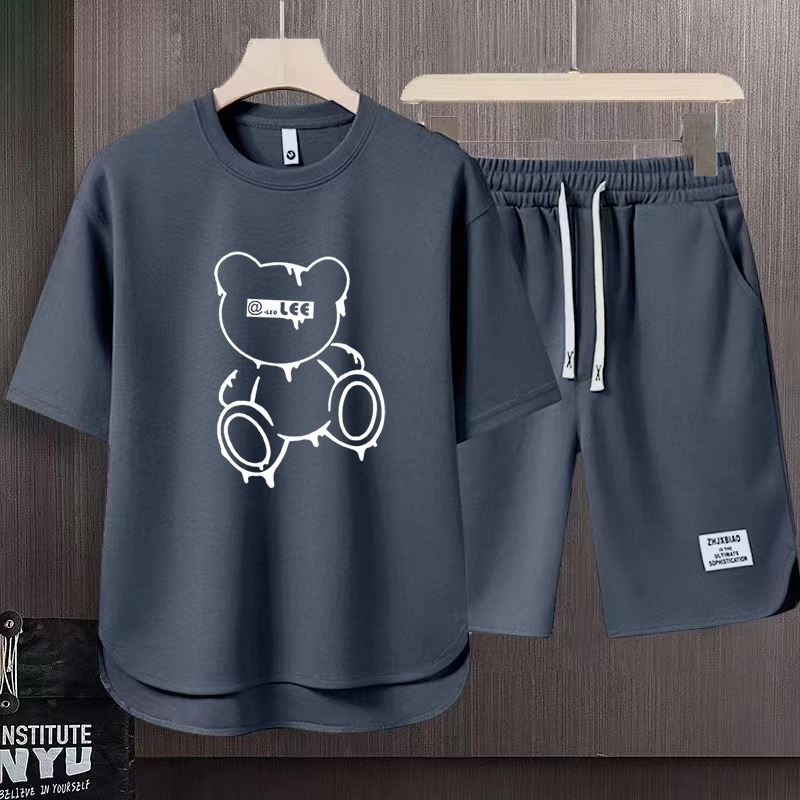 Men's Clothing 2024 Waffle Casual Summer Suit Men's Loose Teen Short sleeved T shirt Shorts Handsome Two piece Suit_ipsvogv.com