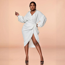 清仓欧美跨境大码女装白色绑带收腰不规则设计褶皱衬衫长袖连衣裙