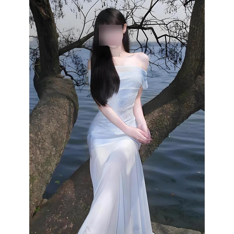 French Style Blue Floral Suspender Dress Women's Casual Summer New Seaside Resort Style Waist Long Skirt