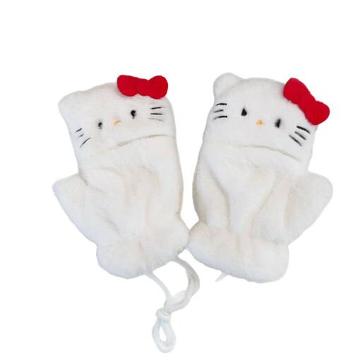 Cute Cat Half-Finger Foldable Fuzzy Mittens for Women, Autumn and Winter Warmth, Fleece Lined and Thickened, Student Cycling Cold-Proof Gloves