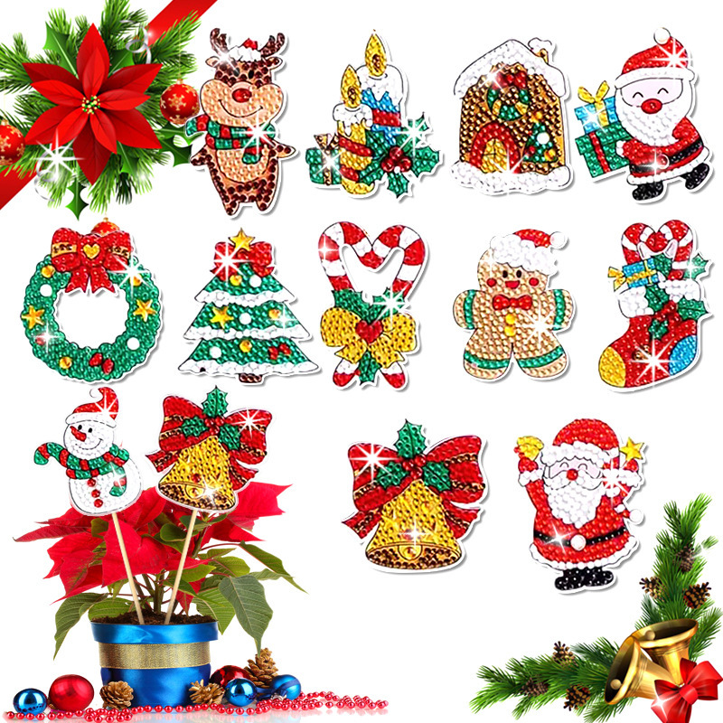 Estacas decorativas para macetas con diseño de flores para decoración de plantas en el hogar y escritorio, fabricante de estacas de jardín hechas a mano con pegatinas de diamantes DIY.