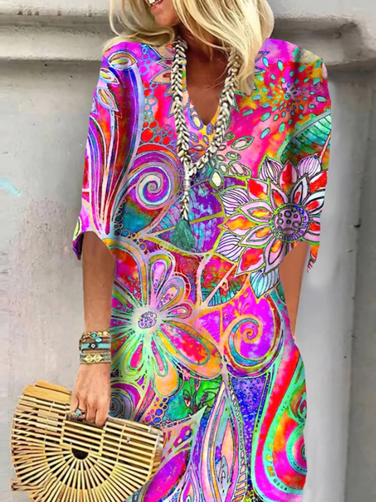 Spring 2025 New Amazon European and American Cross-border Fashion Loose Printed V-Neck dress Women's Wear