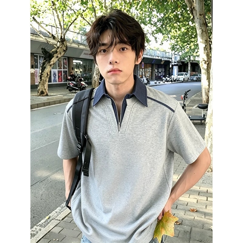 Duchy Denim Patchwork High-End Old Money Style Short-Sleeve Zipper Polo Shirt Men's 2026 Summer Casual Loose T-Shirt Duchy Denim Patchwork High-End Old Money Style Short-Sleeve Zipper Polo Shirt Men's 2026 Summer Casual Loose T-Shirt