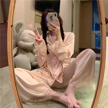 公主风简约纯色仿真丝睡衣女秋季花边蕾丝可爱少女宽松跨境家居服