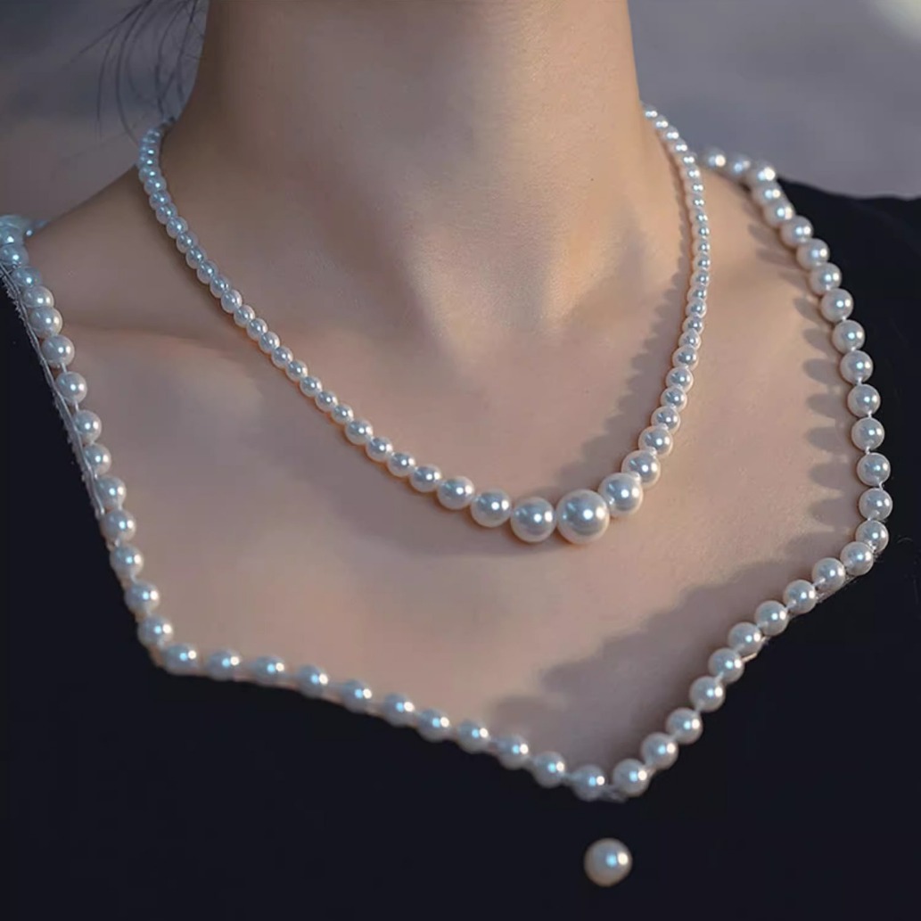 施家正圆强光渐变大小珍珠项链女小众设计轻奢锁骨链气质网红颈链