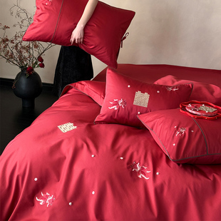 Simple New Chinese Style Wedding Four-Piece Set Big Red Koi Embroidery Wedding Quilt Cover Bed Sheetss Bedding