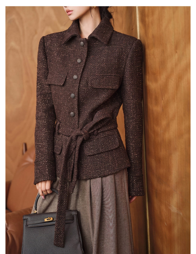 Áo khoác nữ dáng ngắn dạ tweed len có thắt lưng kiểu sơ mi chiết eo — Màu đỏ rượu Port chi tiết 12