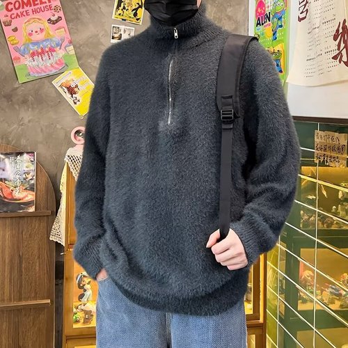 Men's Semi-Zip High Collar Knit Sweater - Cleanfit Retro Fox Fur Loose Soft Wool Hooded Knit Top