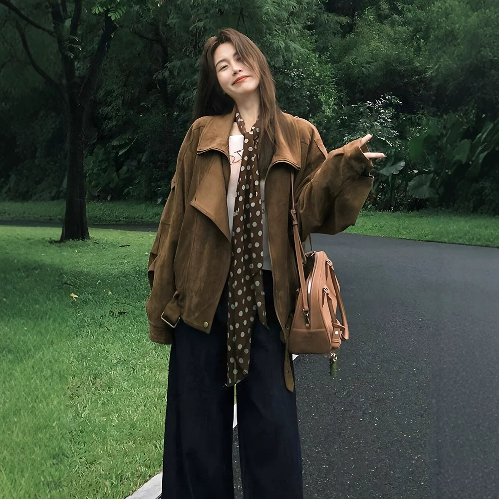 Vintage Suede Motorcycle Jacket for Women, Loose Fit with Turn-down Collar, Stylish and Relaxed Silhouette Top for Autumn