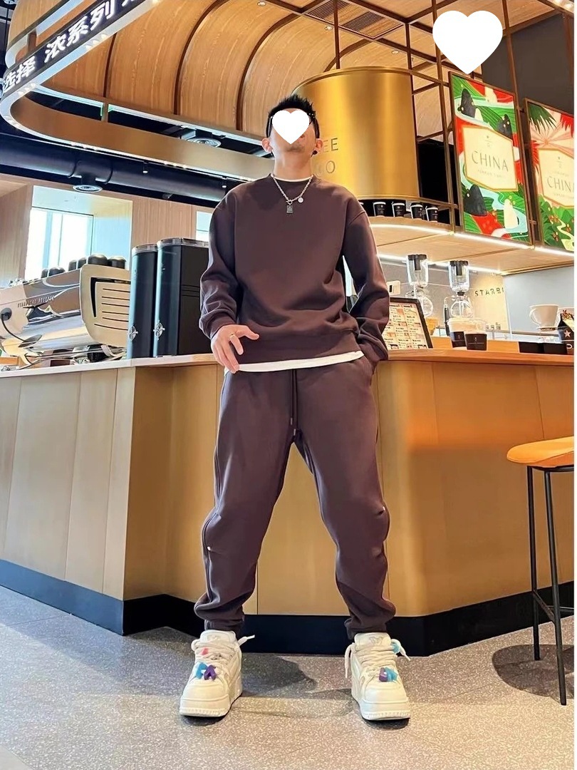 남자 올 매치 느슨한 라운드 넥 스웨터 투피스 겨울 기모 두꺼운 단색 가짜 투피스 캐주얼 세트