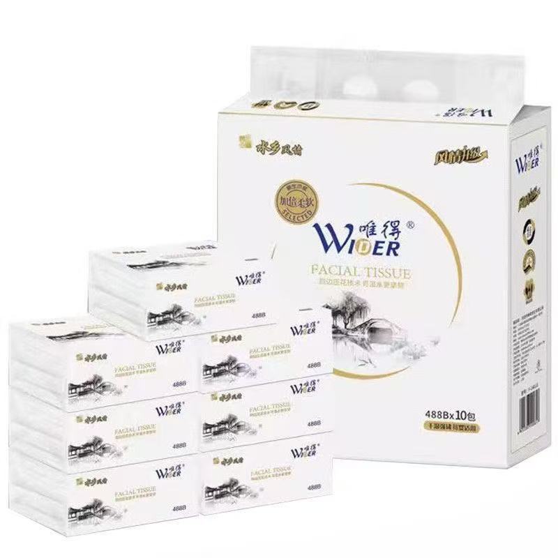 唯得抽纸水乡风情488B 10包装M码400张柔韧可湿水原生木浆纸巾包