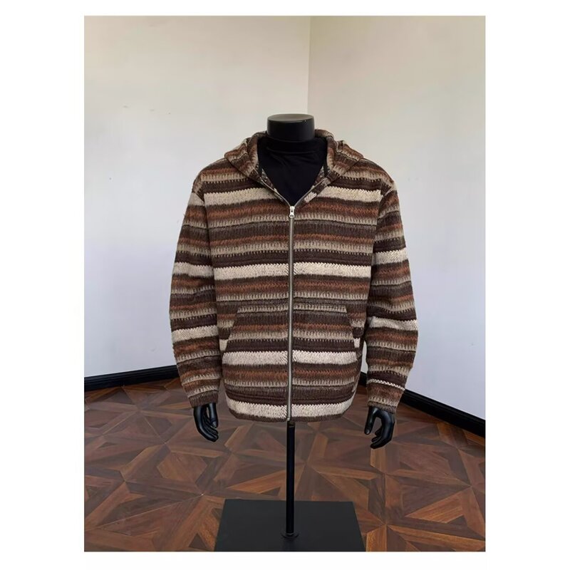 Japanese-Style Lazy Striped Knit Sweater Jacket for Men, Autumn American Retro Heavyweight Hoodie, Trendy Brand Cardigan Sweatshirt