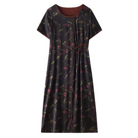 2025春夏新款旅行女装 桑蚕丝印花长款系带连衣裙 短袖长裙