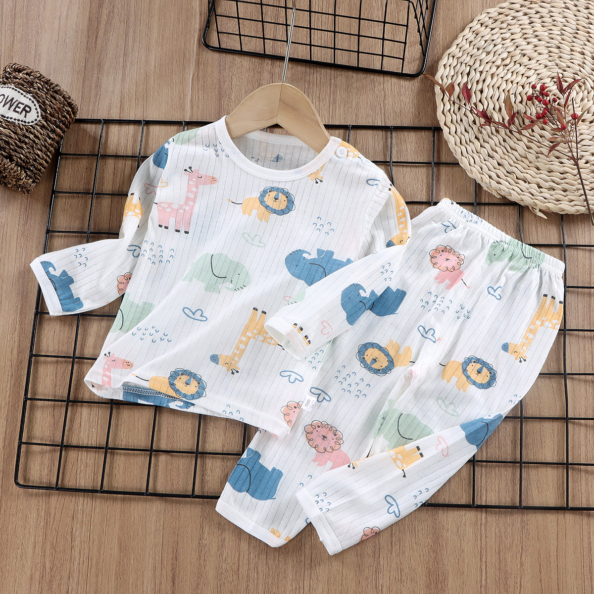 Children's Pajamas Pure Cotton Boys and Girls Long-Sleeved Home Clothes Set Boy Baby Cartoon Summer Thin Baby Air-Conditioned Clothes