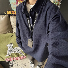 紺色の泡糸シャツ男性の高級感痞帅cleanfit工装ジャケット長袖poloシャツ