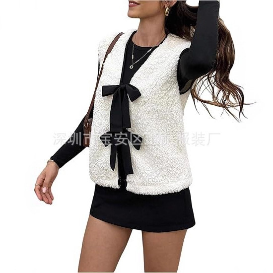 2025 Women's Bow Tie Front Stuffed Vest V-Neck Sleeveless Warm Sherpa Jacket Coat