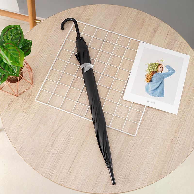 Barra recta 8 huesos paraguas negros mango largo paraguas negro manejo de lluvia doble gancho negro semiautomático