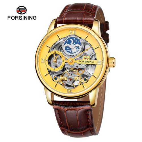 FORSINING Men's Business Automatic Mechanical Watch with Leather Strap, Hollowed-out, Moon and Sun Leisure Mechanical Watch