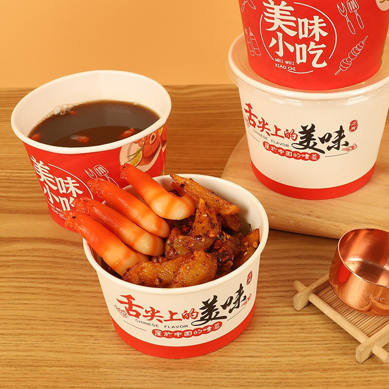 Tazón de papel desechable al por mayor caja de almuerzo redonda merienda caja de embalaje inauguración boda rojo tazón desechable comercial para llevar