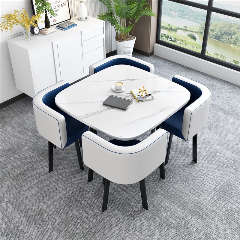[Factory] 80 imitation white stone square table blue and white leather chair