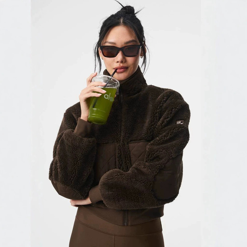In-stock AIO lamb wool patchwork stand-up collar warm jacket for women, niche loose fit layered sports casual jacket top