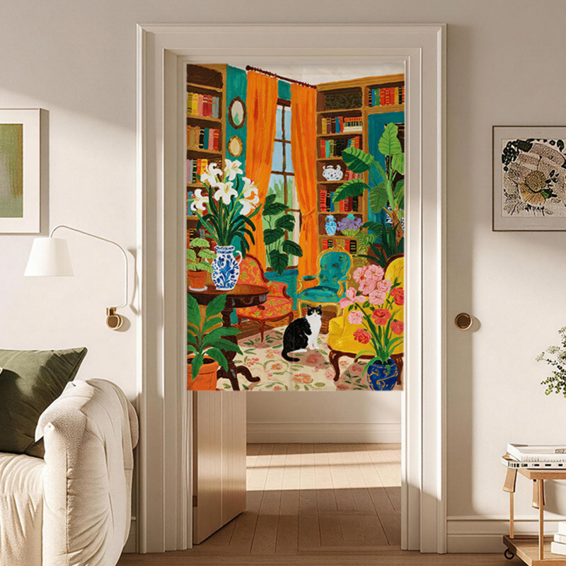 Oil painting style dopamine-themed door curtain, bedroom partition curtain, kitchen fabric curtain, bathroom privacy screen, no-hole installation, windproof fabric, half curtain Oil painting style dopamine-themed door curtain, bedroom partition curtain, kitchen fabric curtain, bathroom privacy screen, no-hole installation, windproof fabric, half curtain