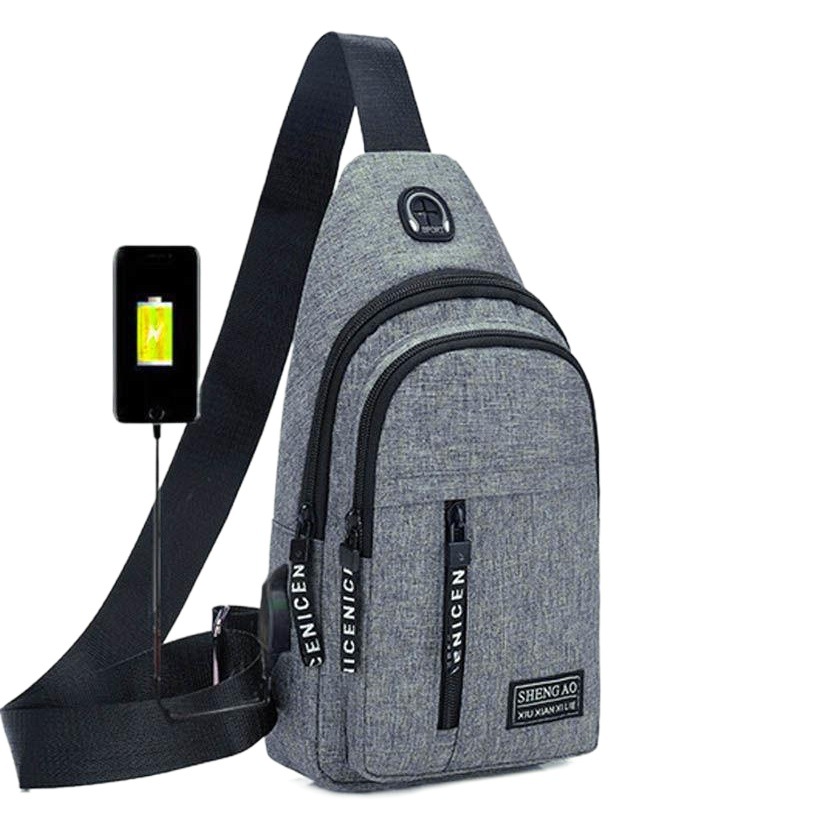 Bolso de pecho para hombre hecho de tela Oxford, bolso cruzado multifuncional para hombre, bolso de hombro informal para exteriores, bolso de cajero con puerto USB en la parte delantera.