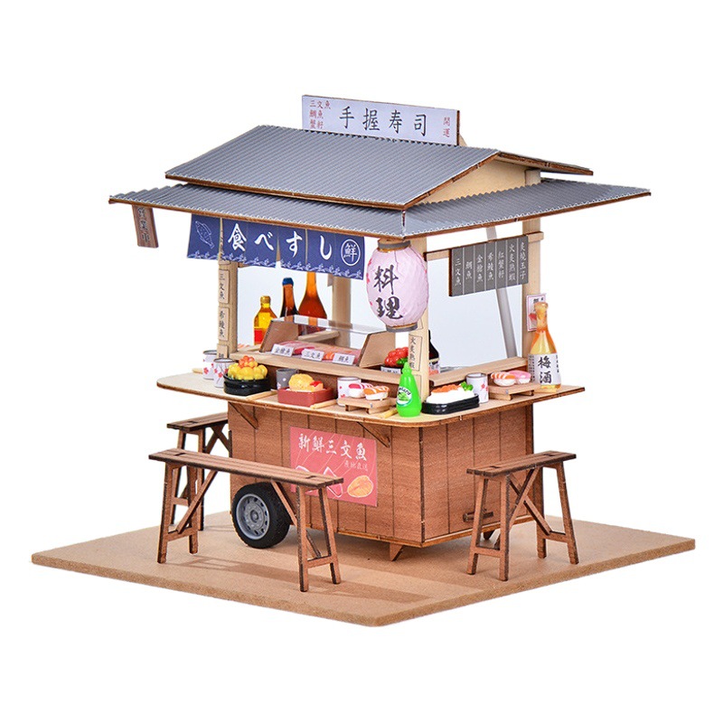 Bricolaje hecho a mano de madera comida y juego escena casa de muñecas accesorios Tienda de sushi japonés coche muñeca