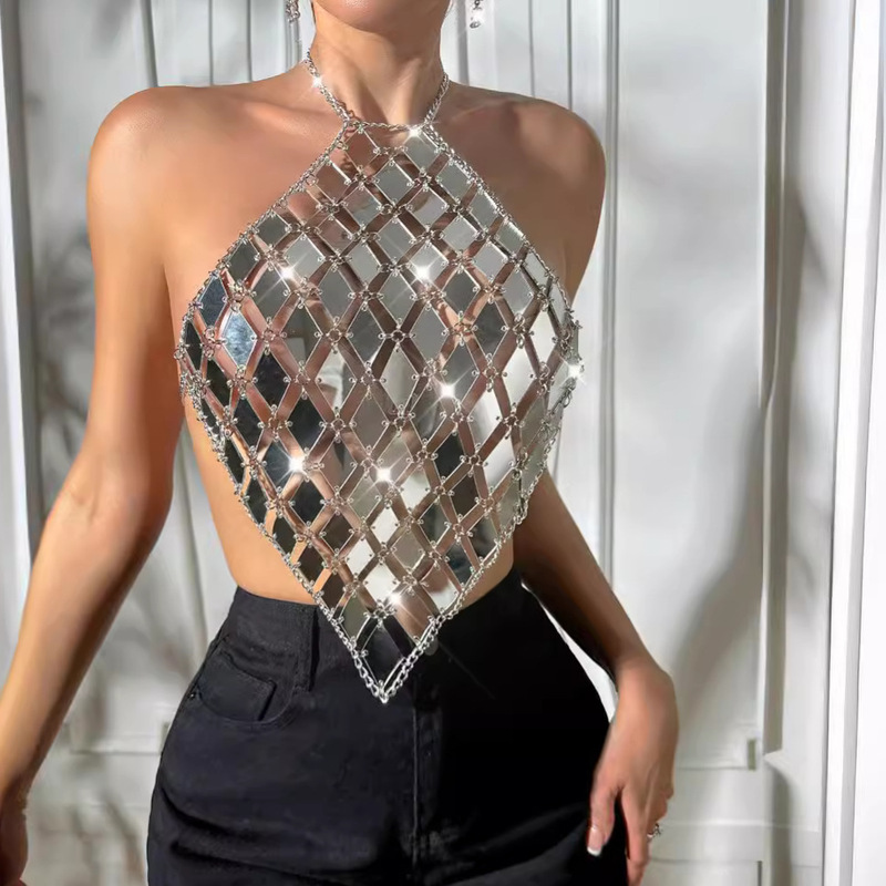 Cross-border New Halter Camisole Stitching Acrylic Fashion Ins Sexy Backless Top Women's XY22513