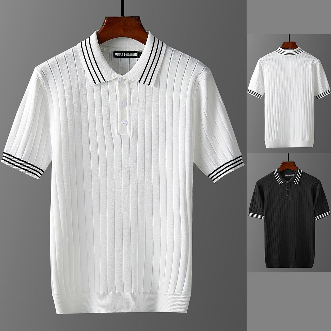 Polo camiseta de punto camiseta de manga corta hombre con solapa rayas viejas camisetas de hielo de negocios de verano fábrica transfronteriza al por mayor