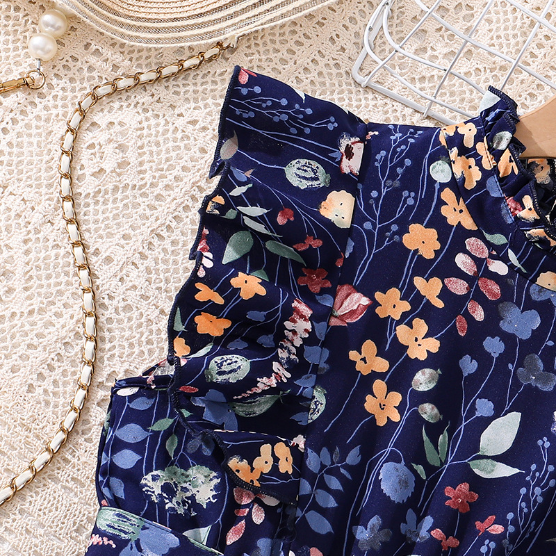 Robe d'été pour fille à fleurs françaises, manches courtes, style princesse, coupe ajustée, plissée, motif végétal_voghion.com