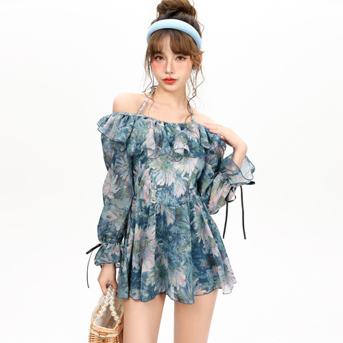 2024 New Fairy Swimsuit Women's One-piece Boxer-angle Conservative Slim Belly Covering Long Sleeve Korean Style Hot Spring Student Swimsuit