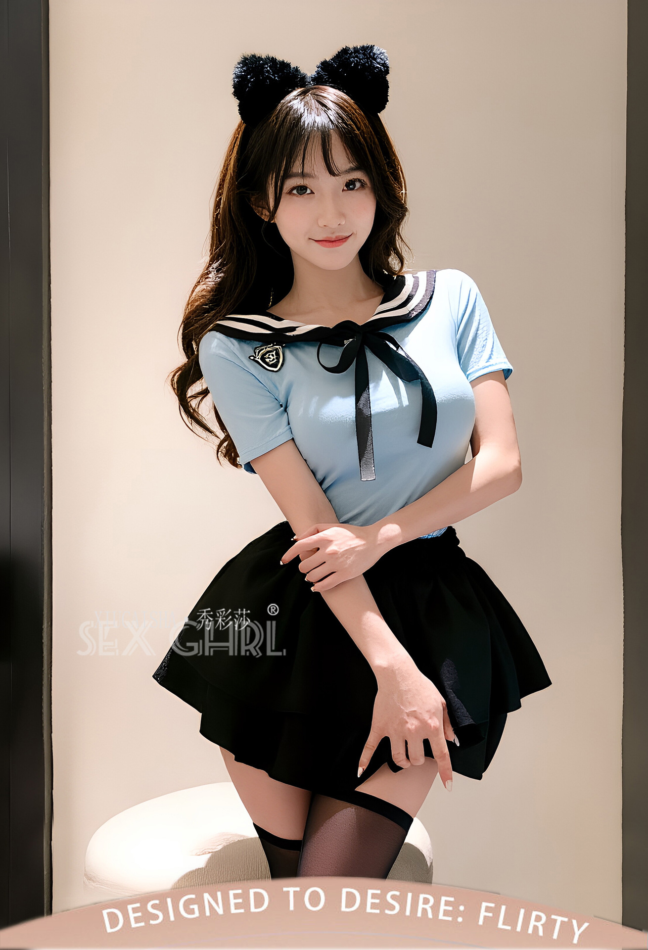 College-Style JK Uniform Lingerie Set with Short-Sleeve Top, Skirt, Stockings and Headpiece — detail image 1