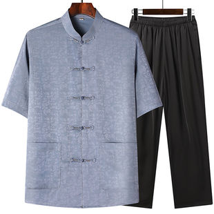 Woodpecker Summer Middle-aged and Elderly Tang Suit Men's Grandpa Short-sleeved Elderly Clothes Chinese Style Suit Dad Summer Clothes