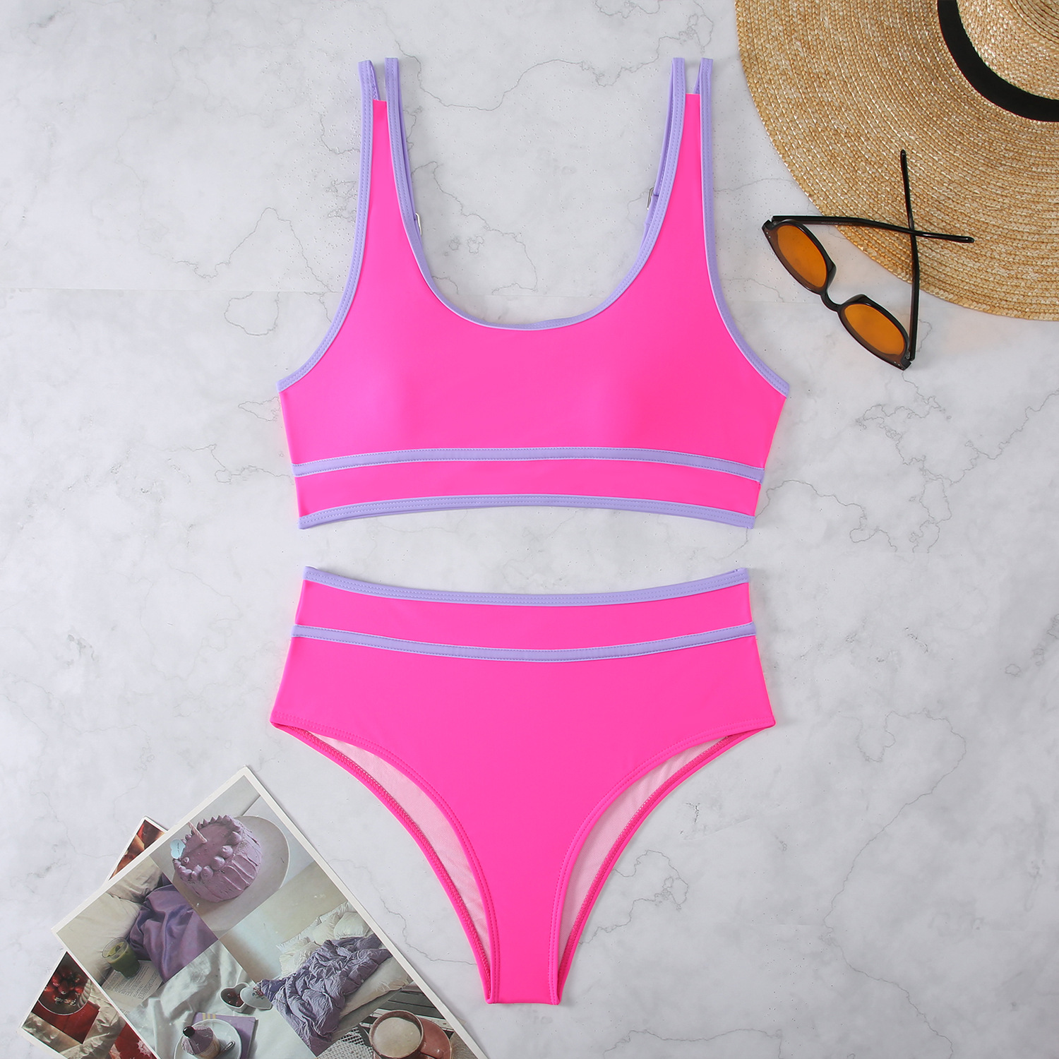 Traje de Baño Bikini de Dos Piezas de Poliéster, Color Sólido, Sin Soporte de Acero, para Natación image 11