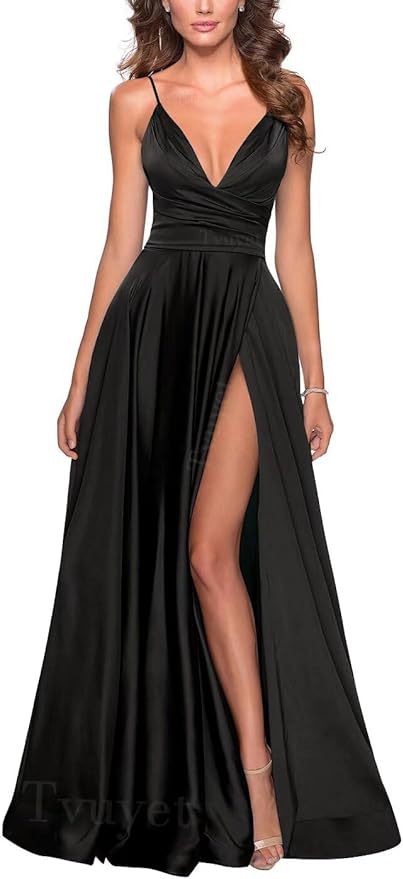 Elegante vestido de fiesta largo con cuello en V dividido, plisado de dama de honor de gasa larga, vestido formal, vestido de noche de satén