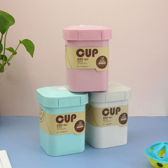 Japanese wheat straw cup plastic portable office worker bento box sealed square milk breakfast cup
