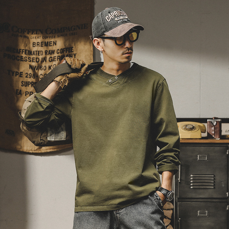 Jereno American-style heavy combed cotton T-shirt men's autumn new solid color loose Henry collar long sleeve T-shirt