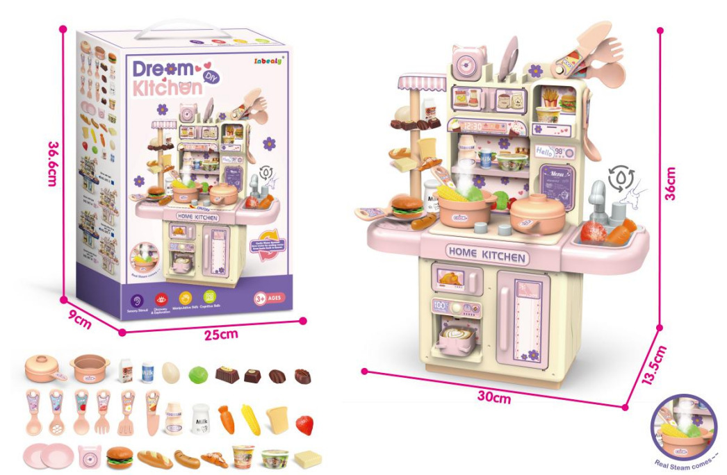 Comercio exterior infantil simulación de 36CM pulverización de luz de cocina de agua conjunto de mesa de platos de cocina de juguetes