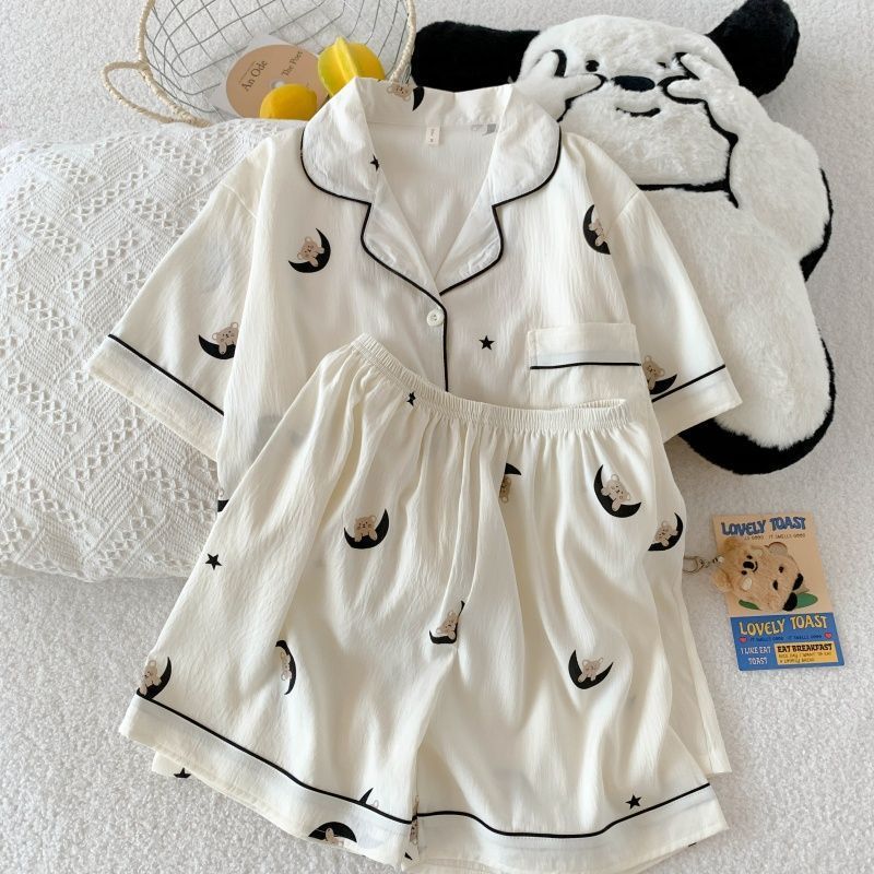 Nube de algodón pijama de mujer impresión de dibujos animados suelta adelgazamiento conjunto de dos piezas de verano nuevo gran pareja dormitorio ropa para el hogar